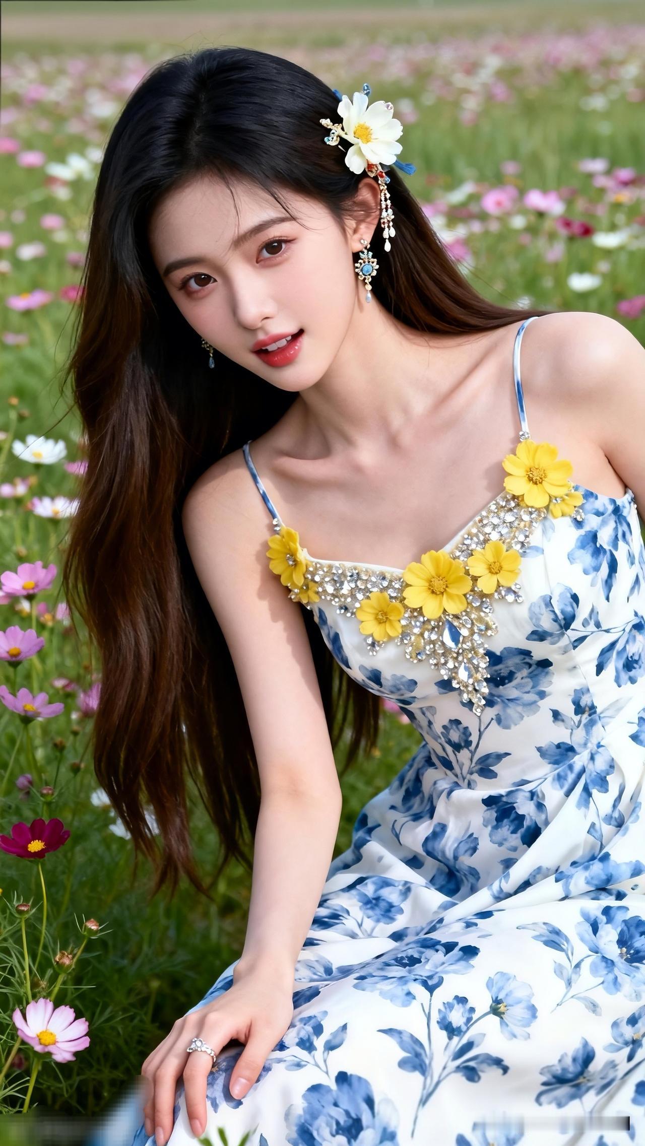 春日野餐，花海中的甜美少女