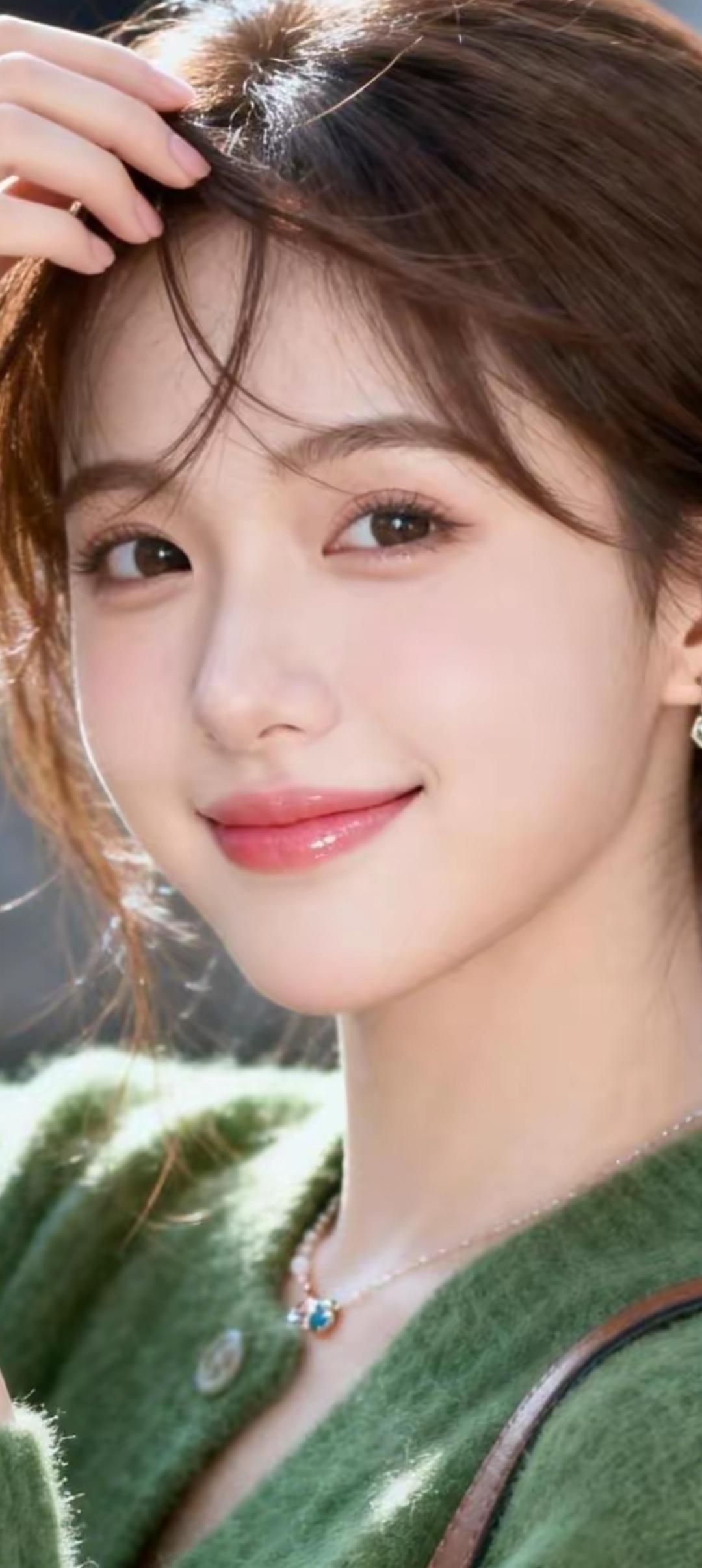 温柔甜美的笑容，绿色毛衣搭配，清新自然！🌿😊