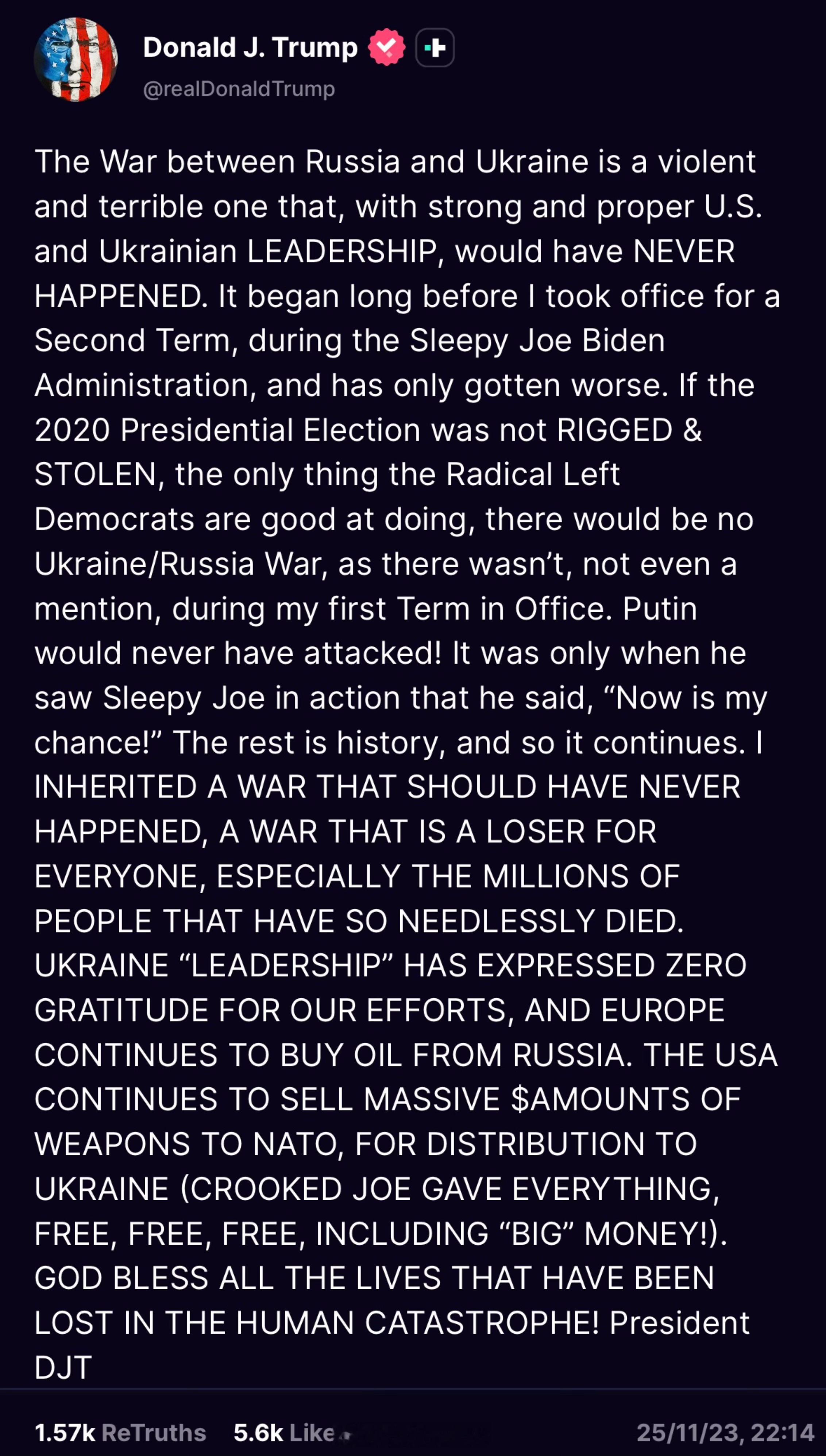 特朗普发长文回应俄乌战争如果2020年总统大选没有被操控，这场战争永远不会发生，