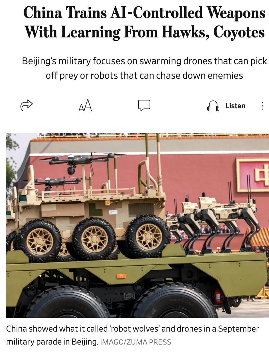 外媒：中国军事研究人员从自然中汲取灵感，训练人工智能控制的武器。在一项研究中