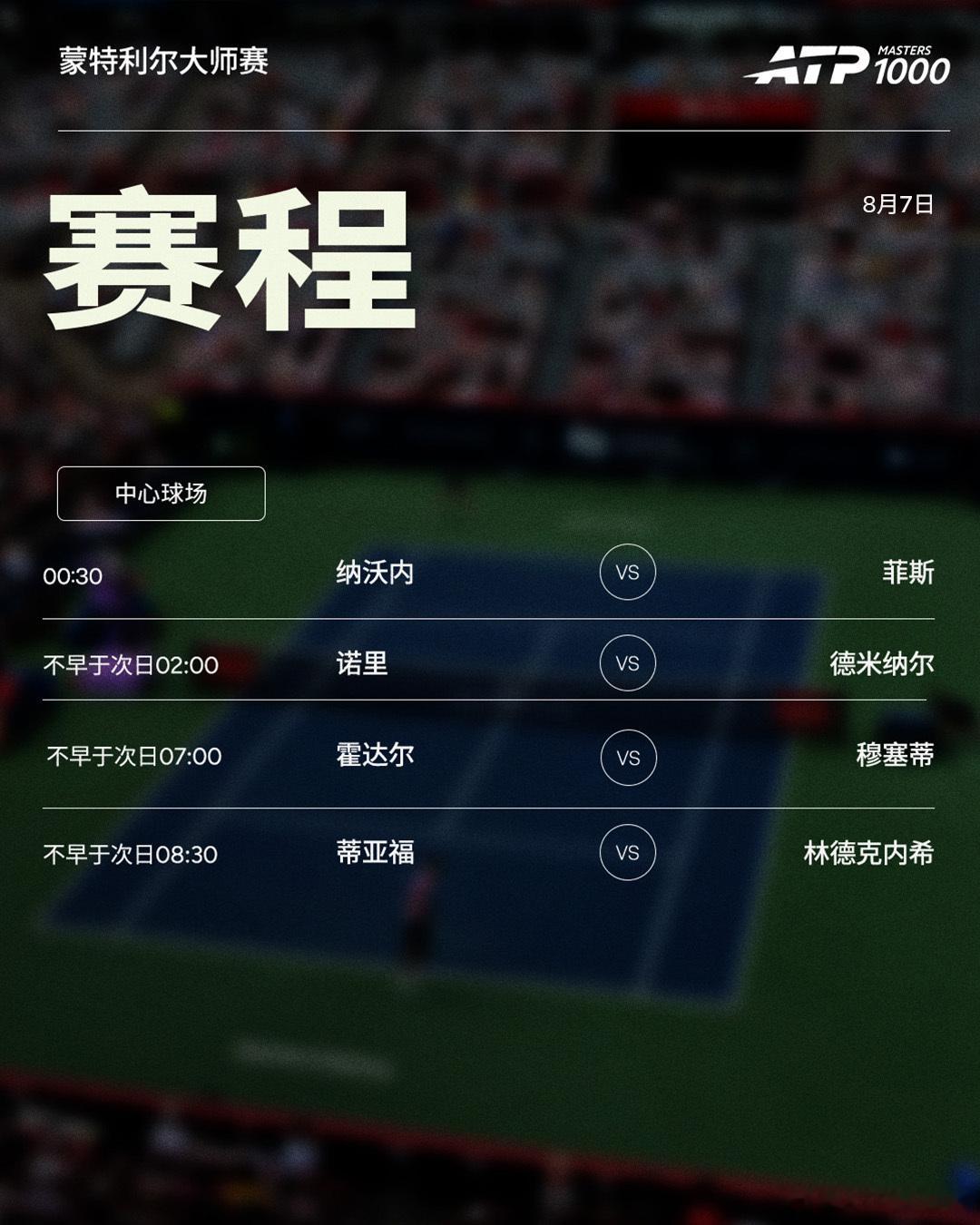 ATP1000蒙特利尔大师赛第五日赛程如下，均为北京时间📅📍加拿大·蒙特利