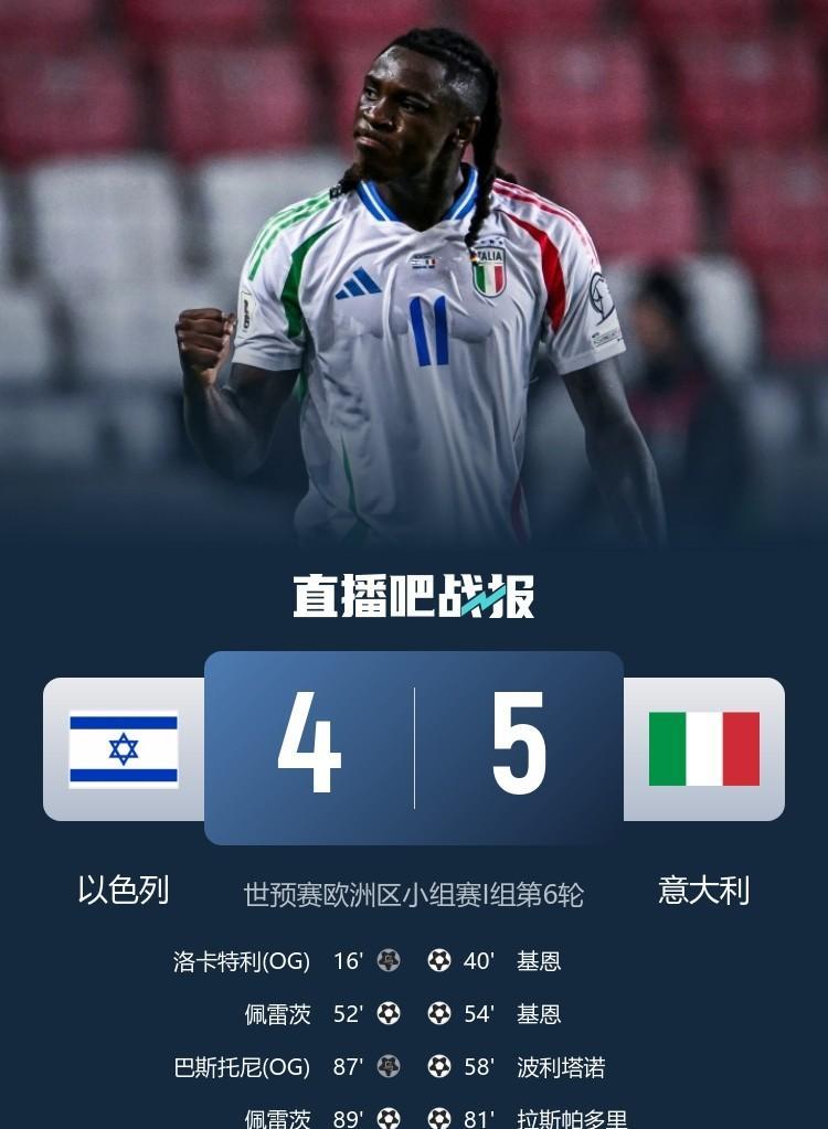 欧洲区世预赛战报：瘦死的骆驼比马大！意大利国家队最后时刻绝杀，5：4险胜以色列，