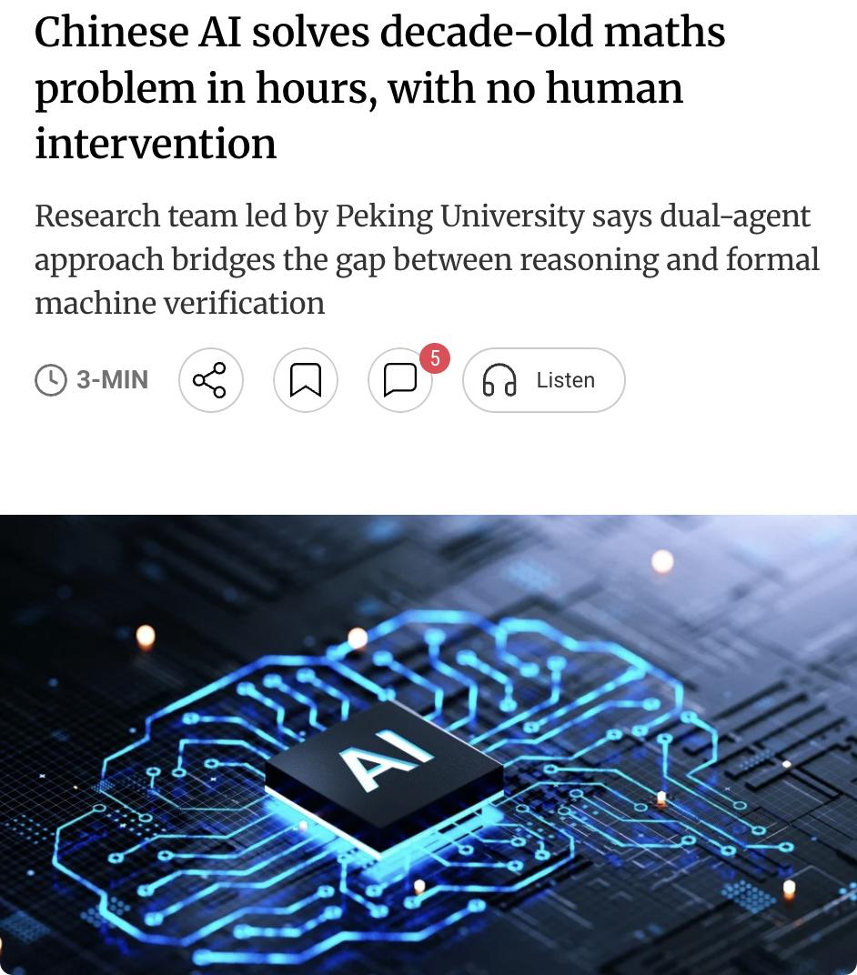 外媒：北京大学研究团队开发的双智能体AI框架在数小时内自主解决了美国数学家Dan