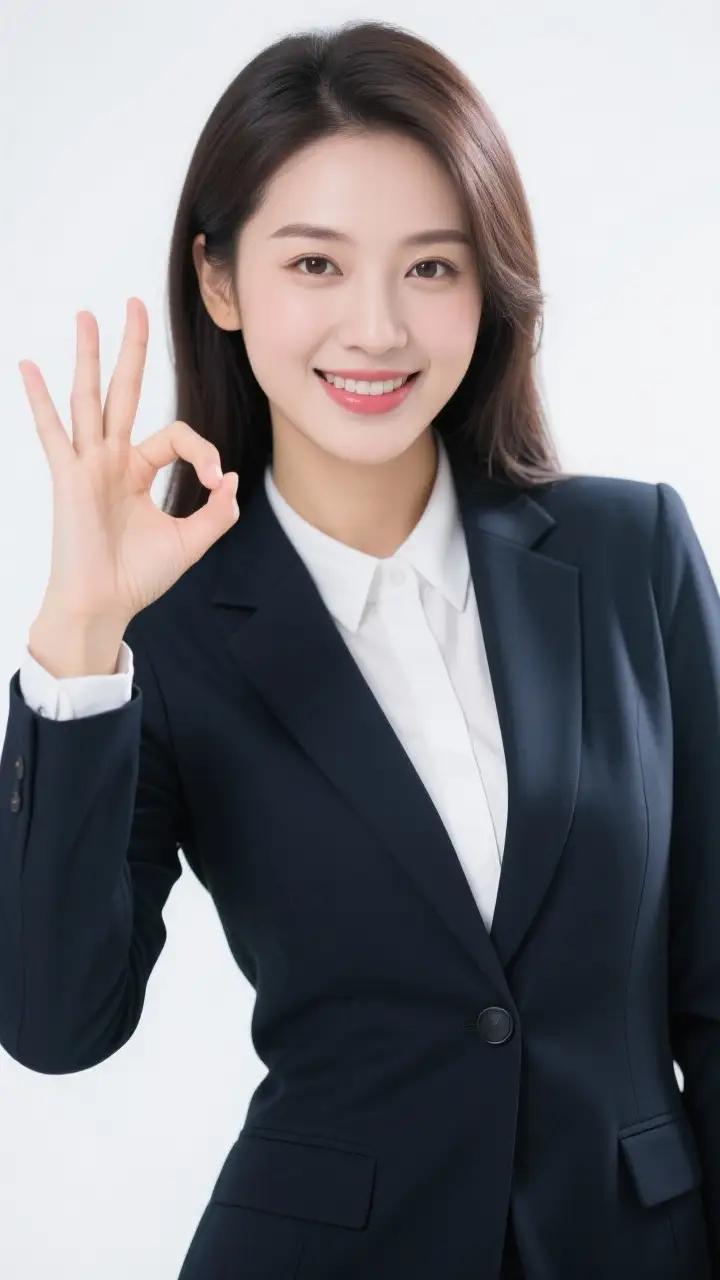 职场女性自信微笑，OK手势展现专业与亲和力。