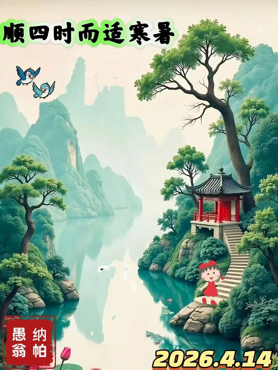 巜七律.湖山美色》(谢战友问候图)顺时安度岁华长，翠岭平湖入画堂。亭倚高