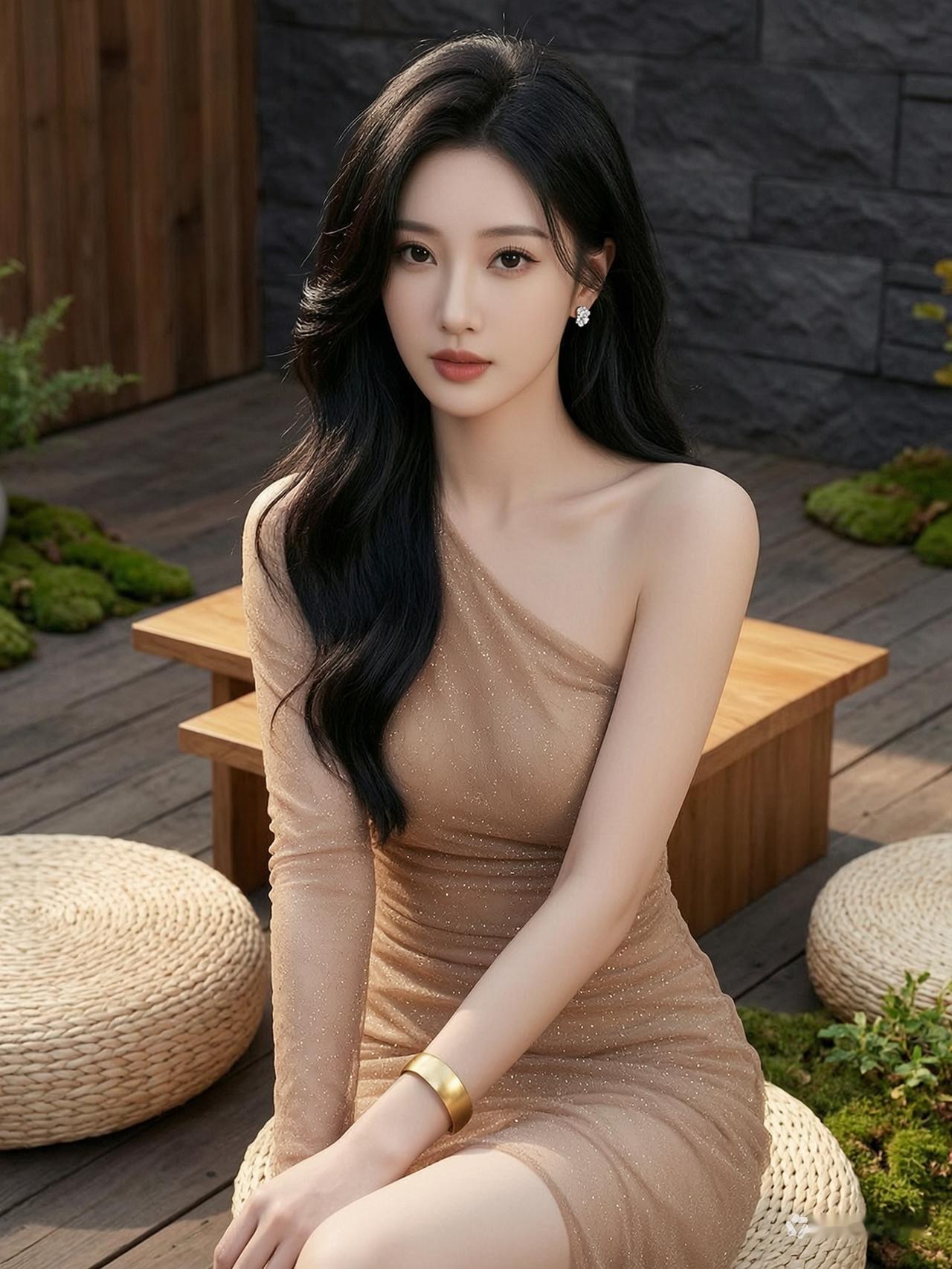 优雅黑发美人，坐在竹席上，散发迷人魅力