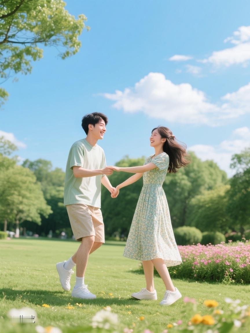 AI妙生图在这绿草繁花间，手牵着手奔跑，生活的美好，原来如此简单又绚烂🌼