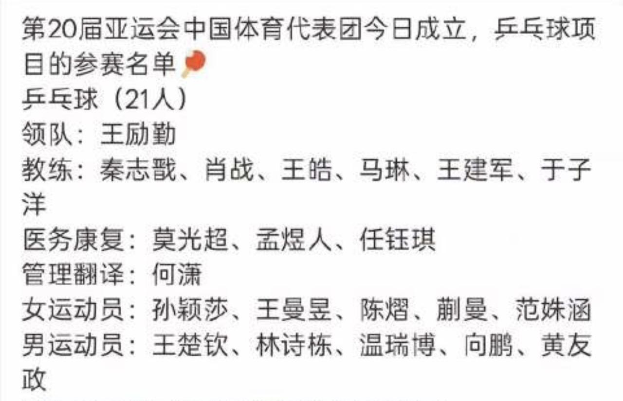 亚运会国乒名单出来，队员选拔规则一目了然。像陈熠入选，有2004年以后出生这