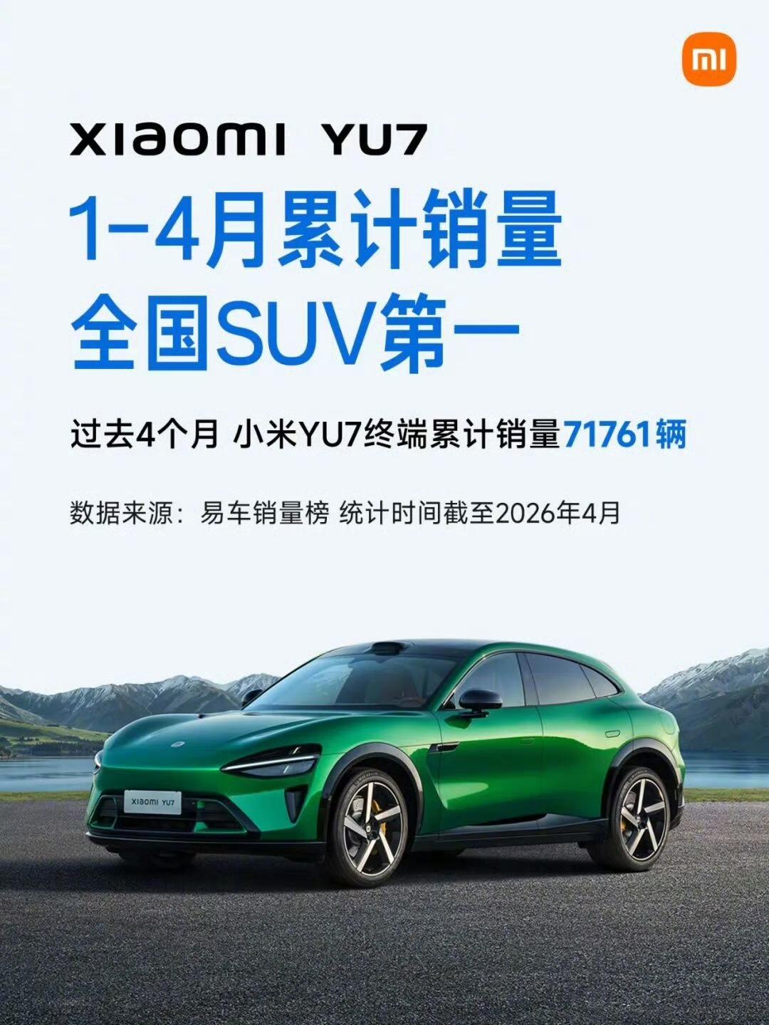 小米YU7：1-4月累计销量全国SUV第一小米SU7：1-4月20万以上纯电