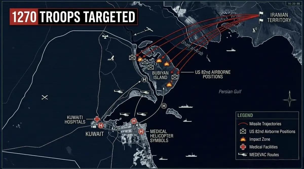 科威特布比延岛的美军第82空降师集结地点遭到伊朗导弹突击，死伤200人。科威特城