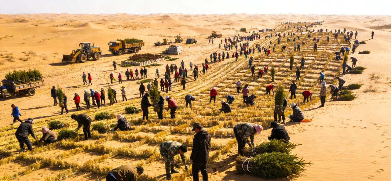 塔克拉玛干治沙靠的就是人海战术近7万人承包沙地、上万群众参与植