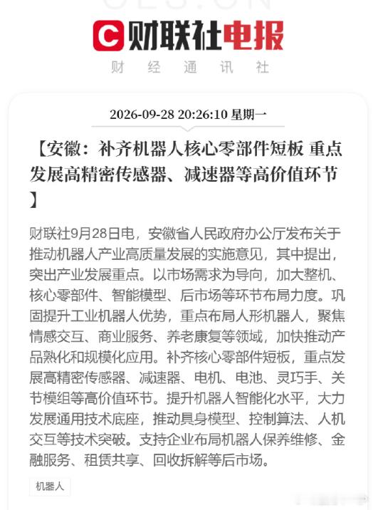 安徽：补齐机器人核心零部件短板重点发展高精密传感器、减速器等高价值环节​​​