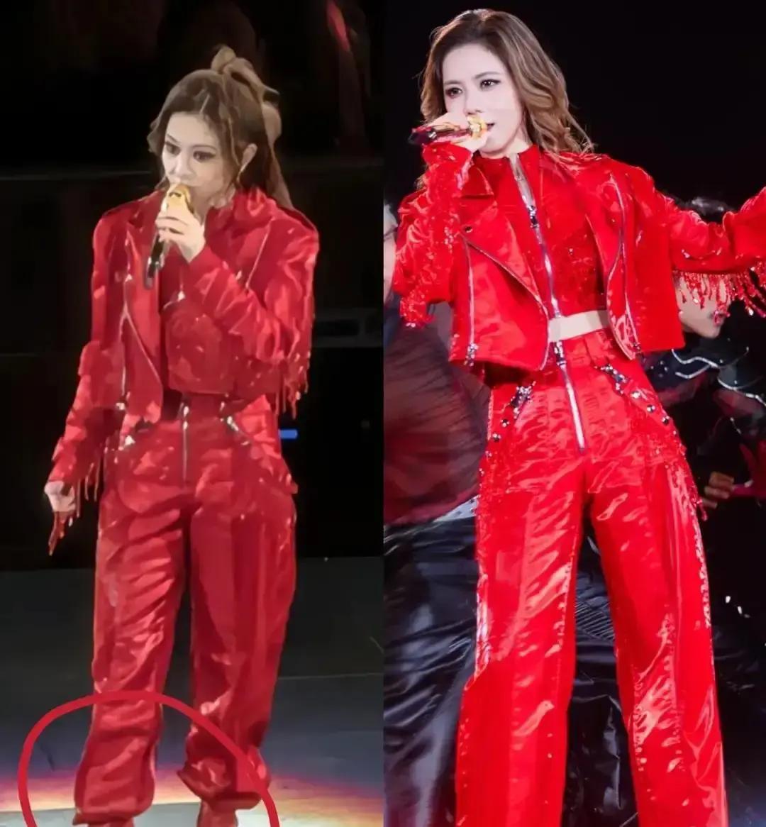 裤脚剪开3分钟全场尖叫邓紫棋把机械姬裤子当场剪成阔腿裤。她说太冷，离