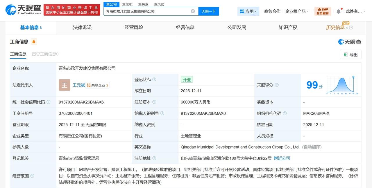 青岛市政开发建设集团登记成立注册资本60亿天眼查App显示，近日，青岛市政开发