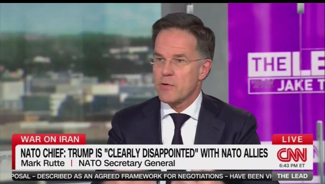 北约秘书长马克·吕特今天（北京时间4月9日）接受CNN的专访。CNN主持人塔珀