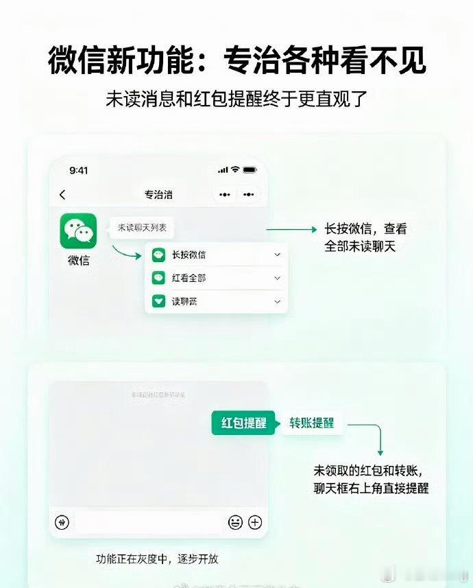 微信新功能专治各种看不见微信新增的两个功能，1、未读消息可长按左下角“微信”一键