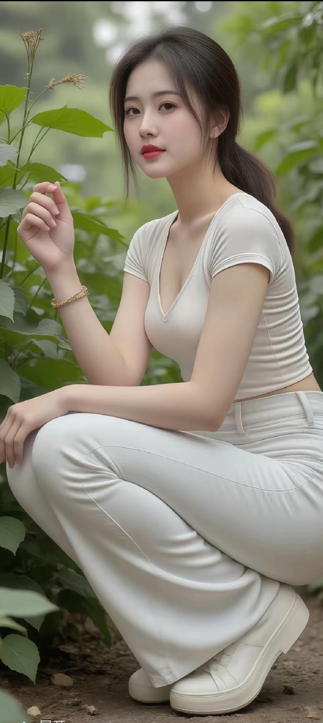 绿意盎然间，佳人倚树思。