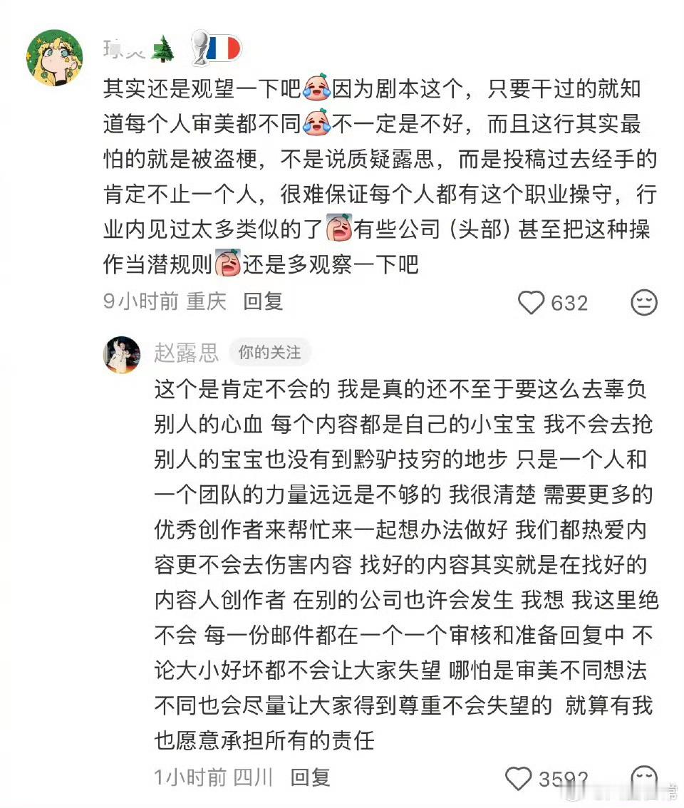 赵露思回复网友关于投剧本会不会被盗梗