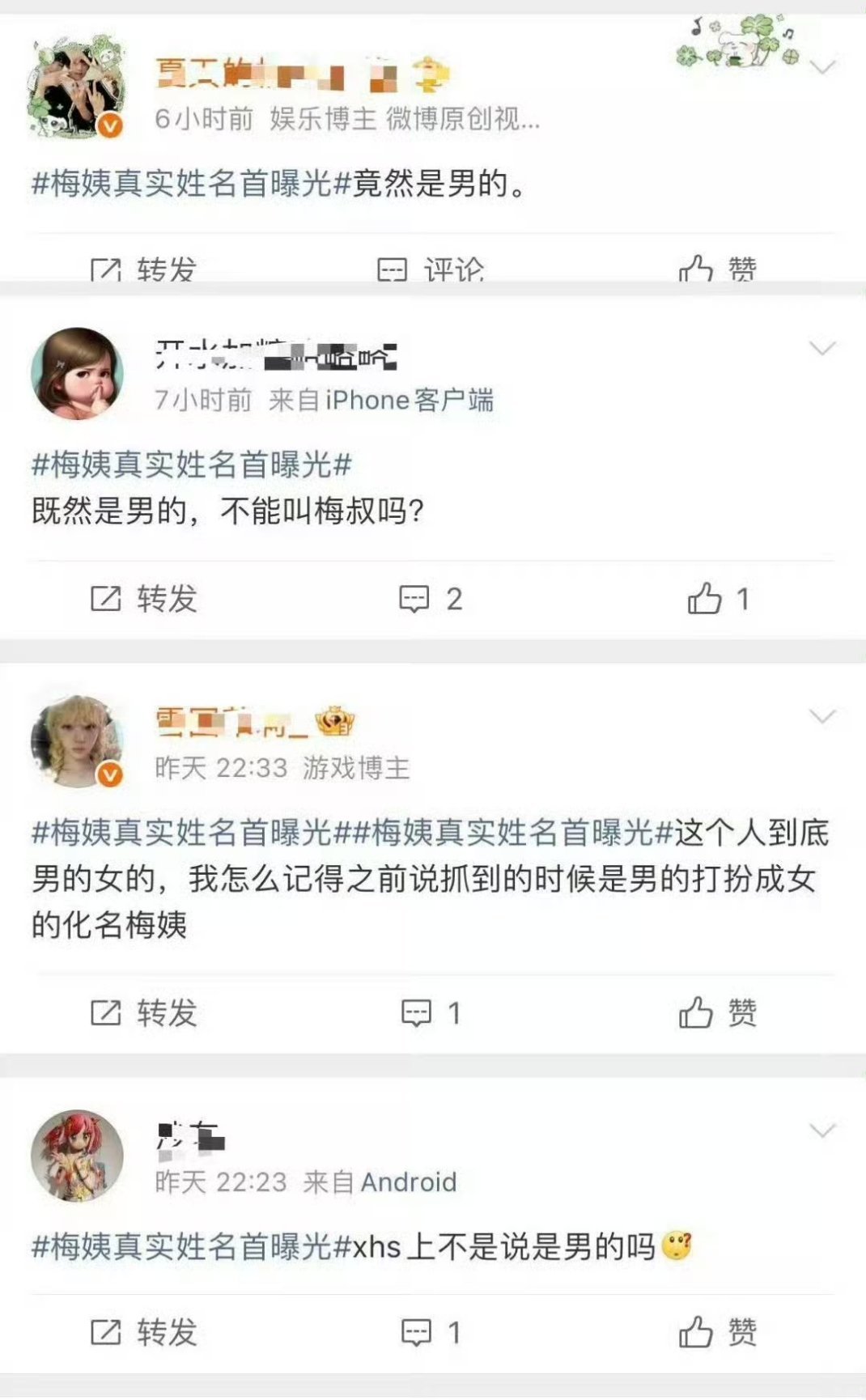 梅姨真实姓名首曝光梅姨是女的，这些硬说是男的的，很明显是性别对立+造谣，可以处置