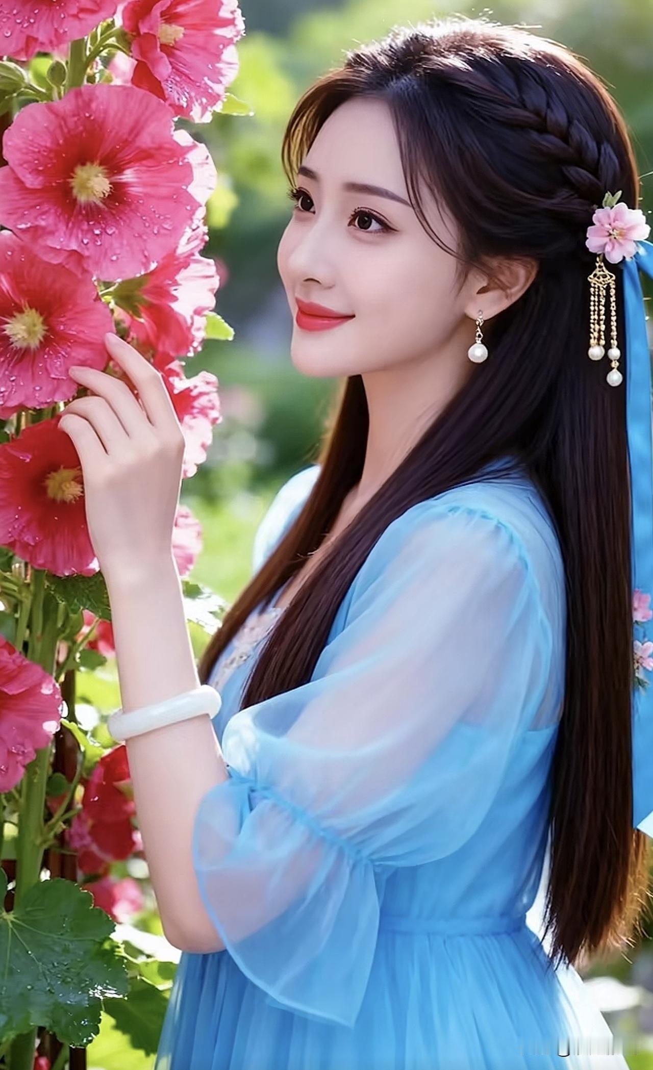 花间美人笑，轻纱拂面来。古典美人韵荡漾花间闻花香绿裙花间荡漾花间闻花香绿