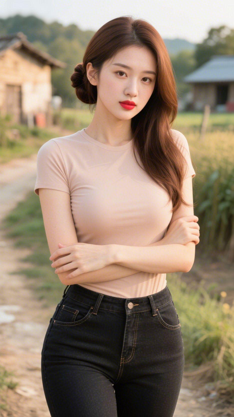 乡野静乡路的风裹着浅光，她衣身的暖杏像揉了田埂的温软。发梢半挽的弧度，衬着
