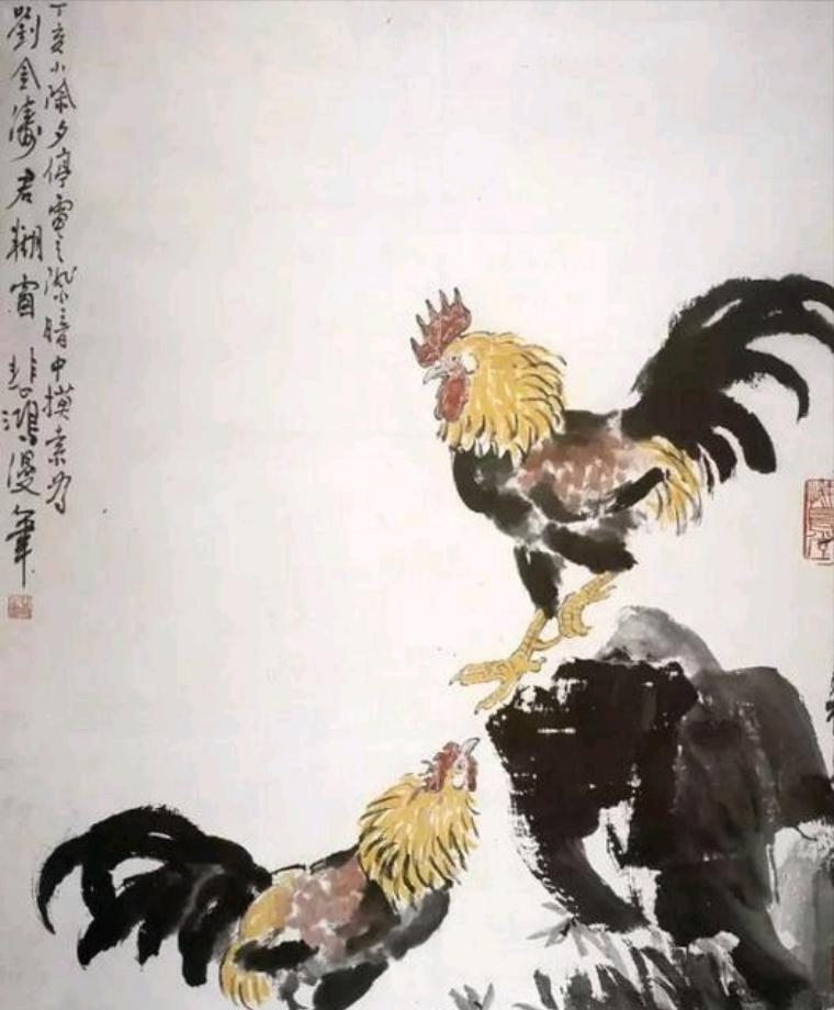 1947年除夕，徐悲鸿为装裱师刘金涛作《金鸡图》，刚画完两只公鸡就停电了，只能摸