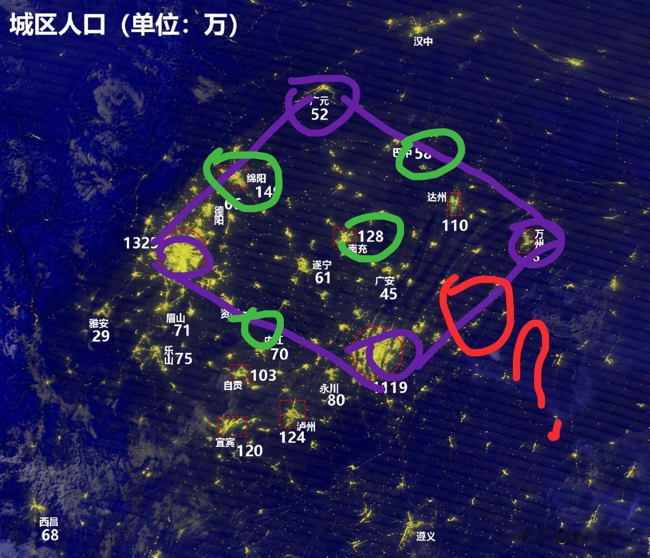 从这张人口分布图来看，重庆主城区与万州区之间可以再布局一座百万人口的大城市，而且