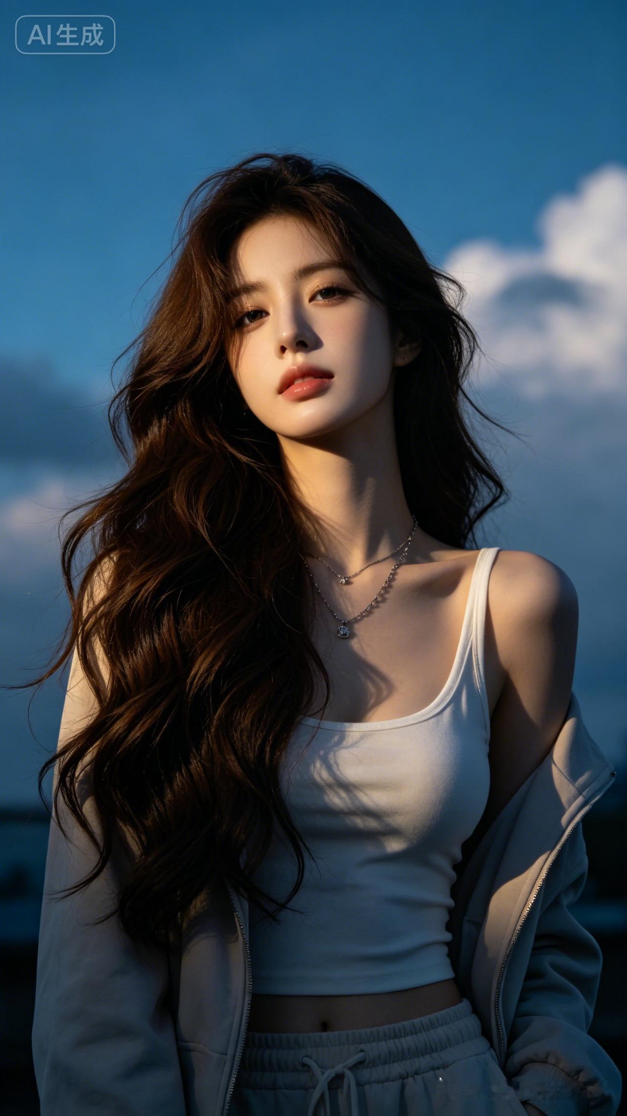 鹅蛋脸冷白皮少女棕卷长发垂落，伦勃朗侧光塑造立体轮廓，浅调莫兰迪色系，修身街头穿