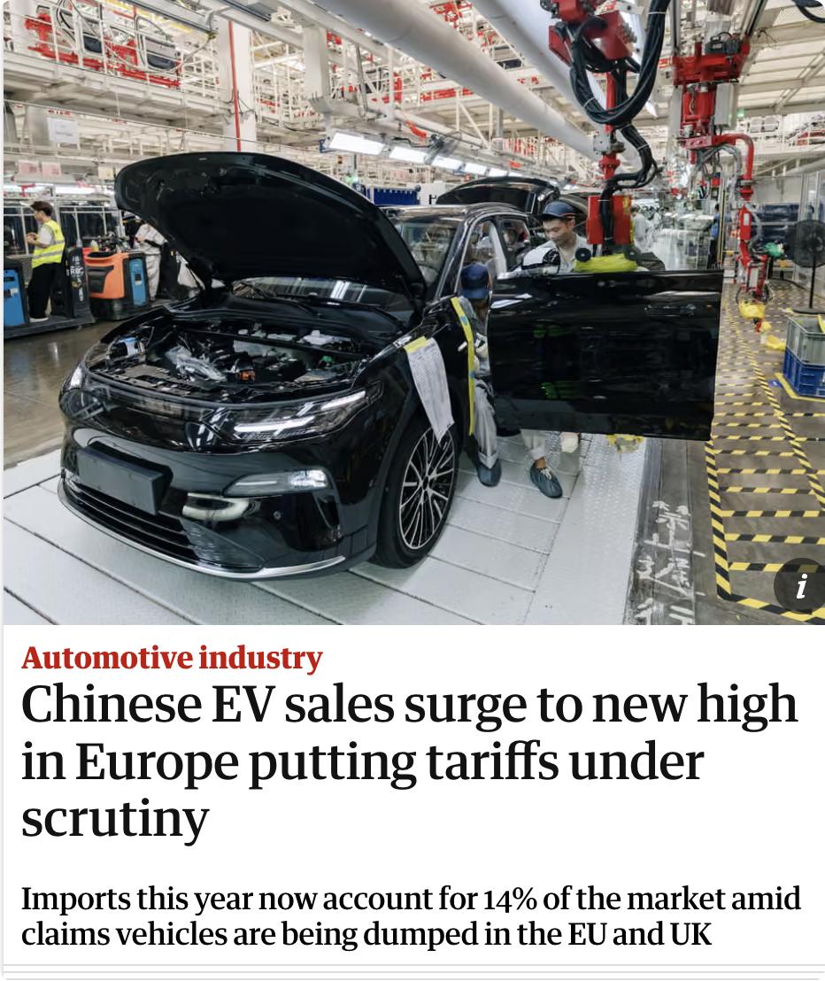 英媒：中国电动汽车在欧洲销量创下新高，引发对关税政策的审视。据Schmidt