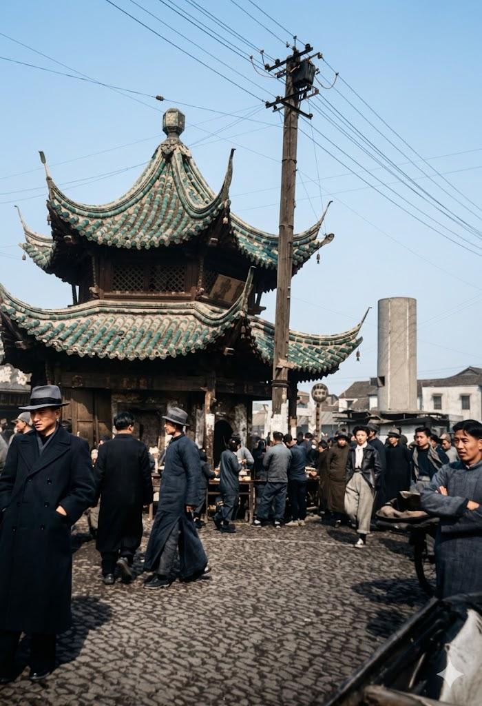 民国，南京夫子庙（孔庙）街区，大块块青石铺路，木质高压电线杆与古亭比邻而立，中式