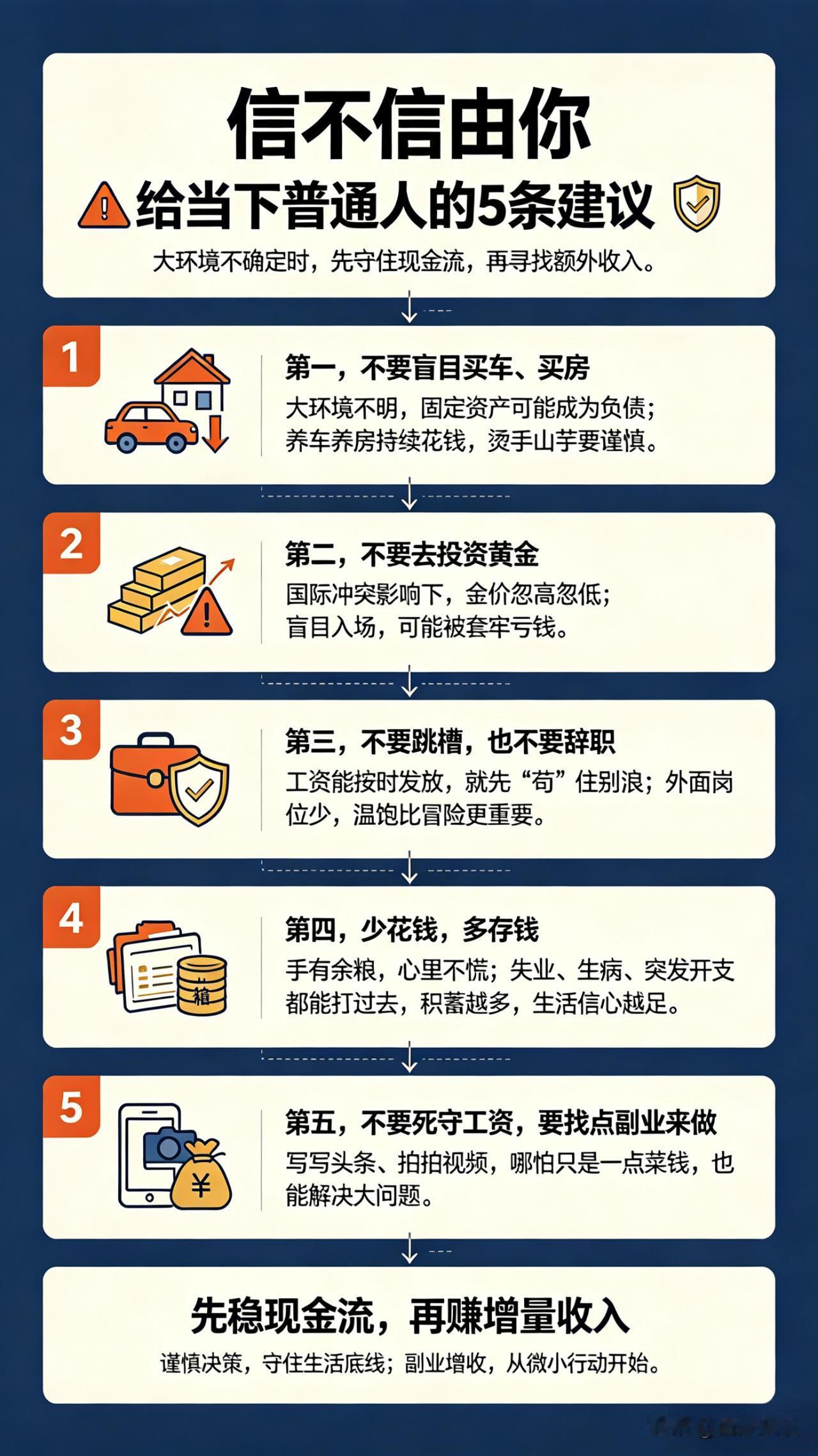 信不信由你，给当下普通人的5条建议：第一，不要盲目买车、买房。外面大环境不