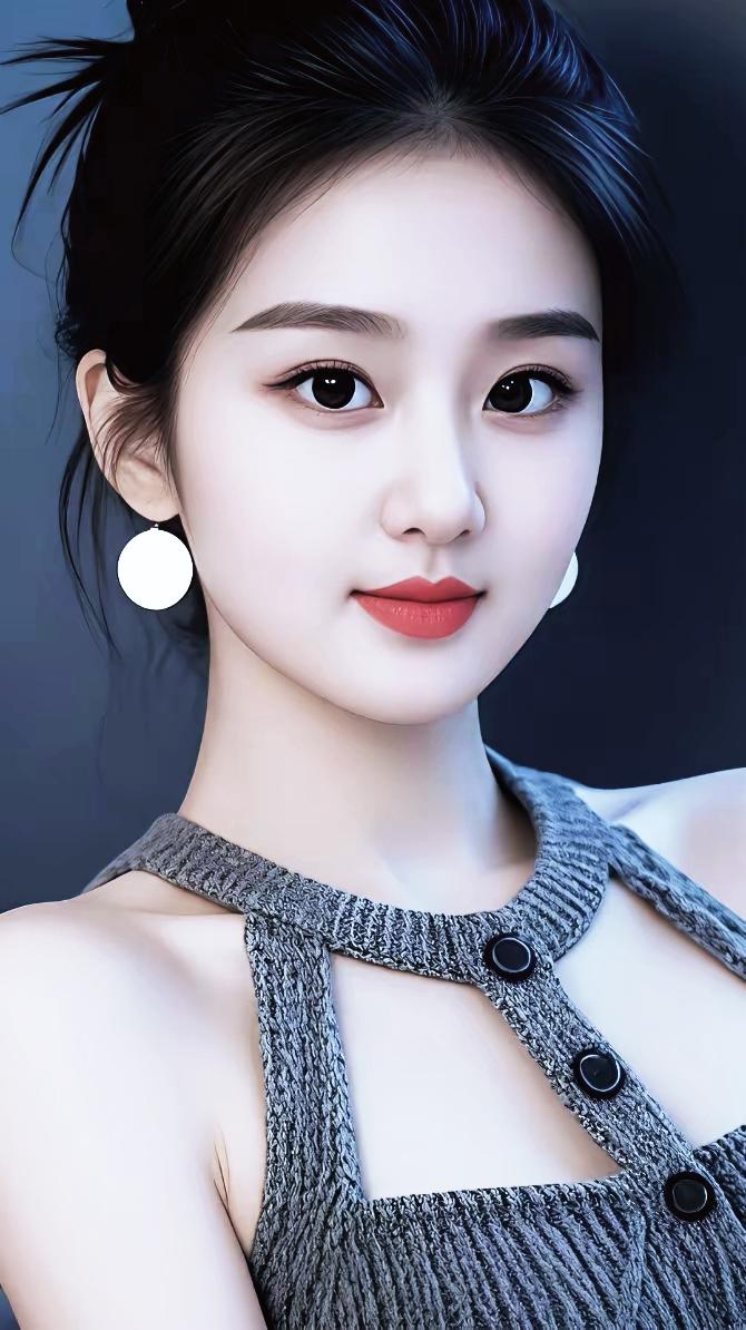 温柔甜美的少女，灰色针织上衣搭配大圆环耳环，清新自然。