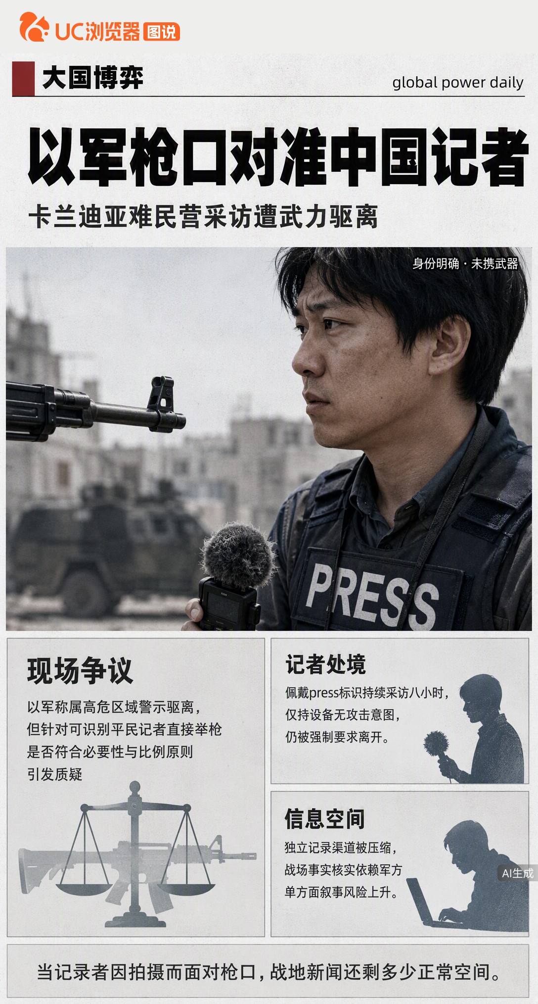 中国记者在约旦河西岸采访遭以军举枪驱离，身着媒体标识仍被瞄准。以军称系高危区警示，但争议在于：对无武