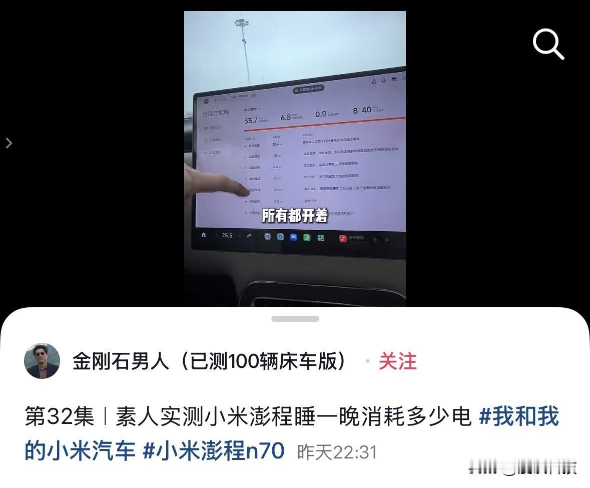 博主实测，在小米澎程N70里睡一晚，开着哨兵模式和冰箱、空调，耗电6.8度，耗时