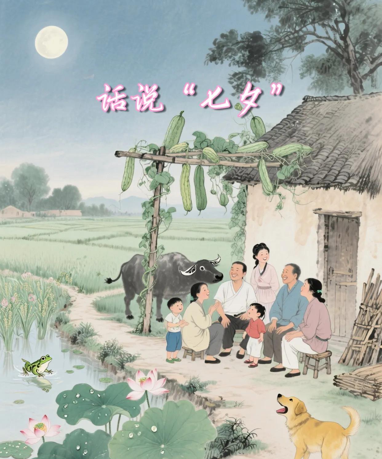 鹊桥仙·七夕节荷香满径，蛙声盈野，七夕乡村如画。瓜棚豆架话仙缘，引得那、稚童