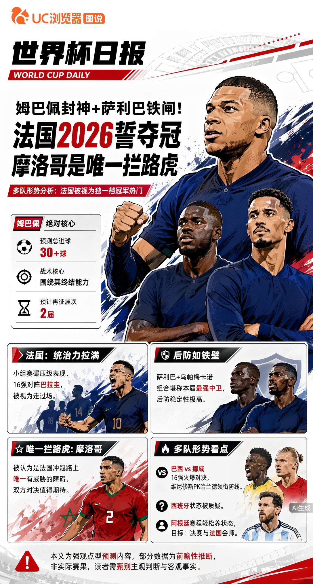 姆巴佩封神+萨利巴铁闸！法国2026誓夺冠，摩洛哥是唯一拦路虎