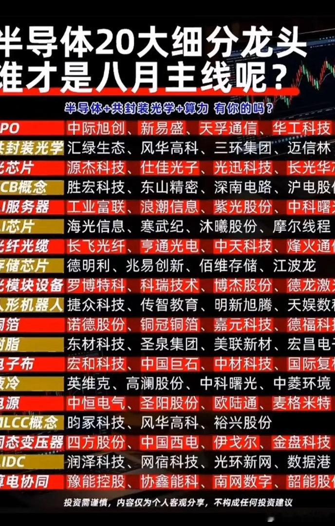 半导体20大细分龙头梳理！八月主线方向在哪？AI算力持续高景气，