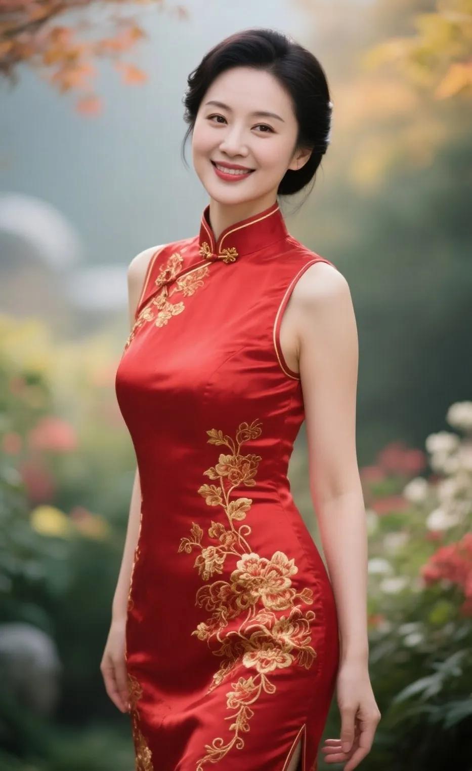 不知不觉就45岁了，总觉得青春渐渐远了。可当我穿上这身红旗袍，镜中的自己一下子焕