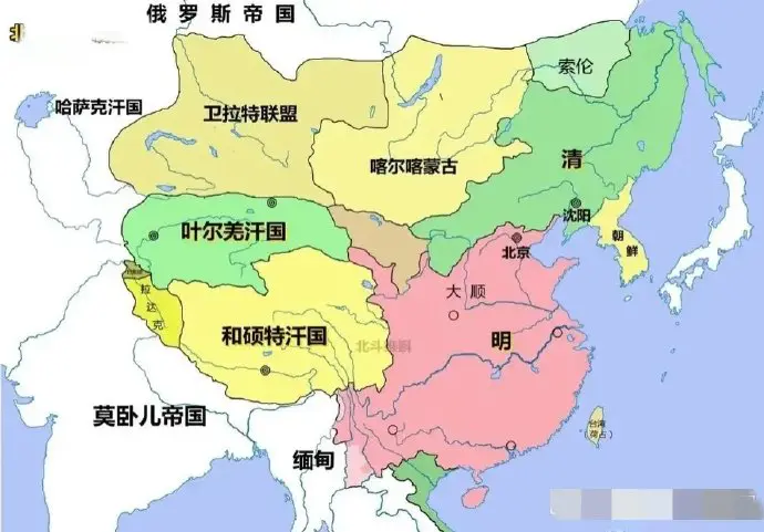 这是一张明朝末年的形势图，从这张地图上可以看到，大明帝国已是四面楚歌了。尽管