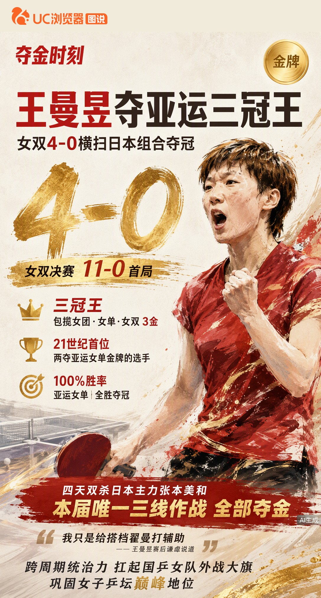 女双4-0横扫日本组合，王曼昱包揽亚运三金！首局11-0定调，赛后却笑称只是给蒯曼打辅助。