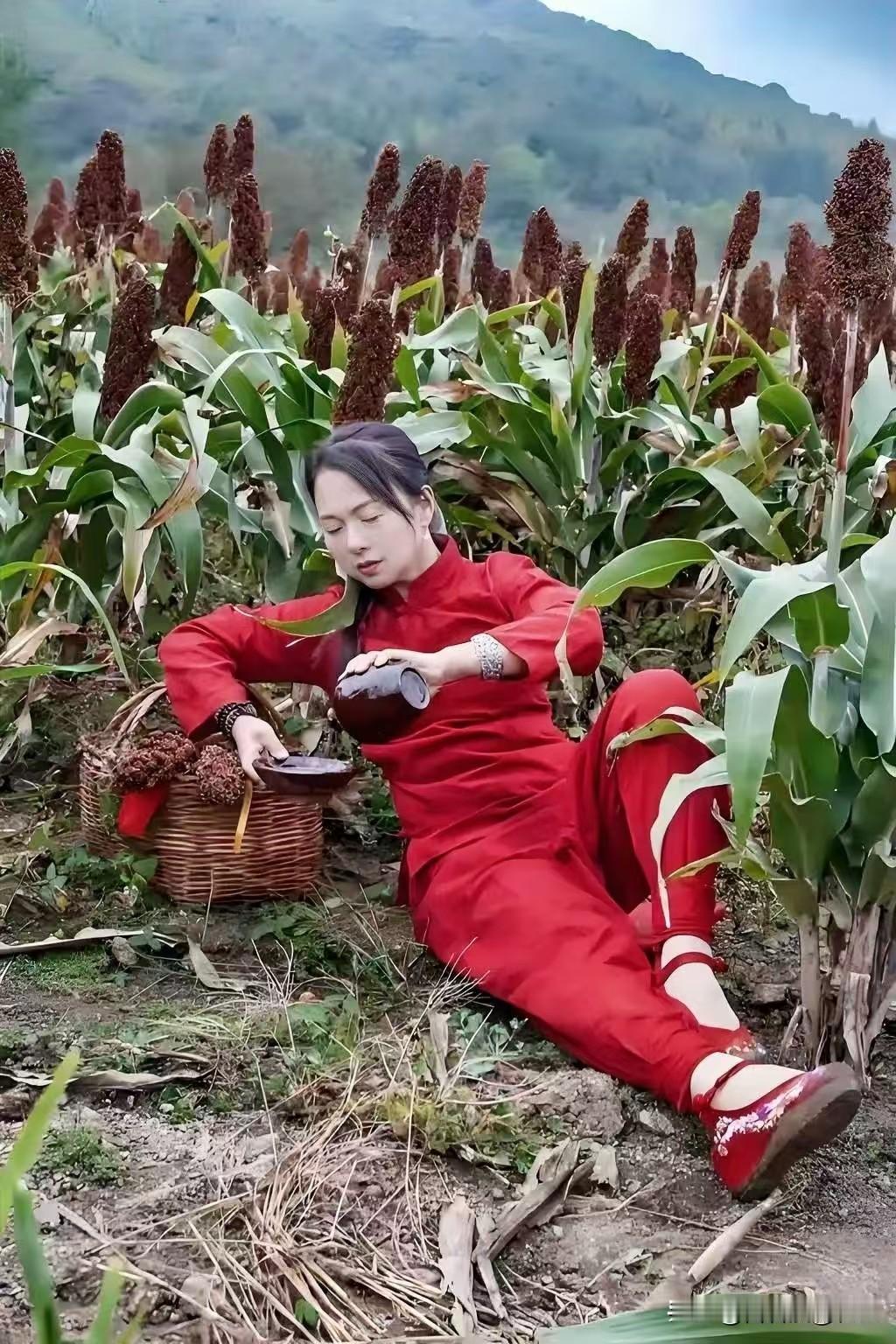 高粱红醉红衫斜倚高粱丛，醉把村醪注瓦盅。野岭风来香入鬓，一川秋色与君