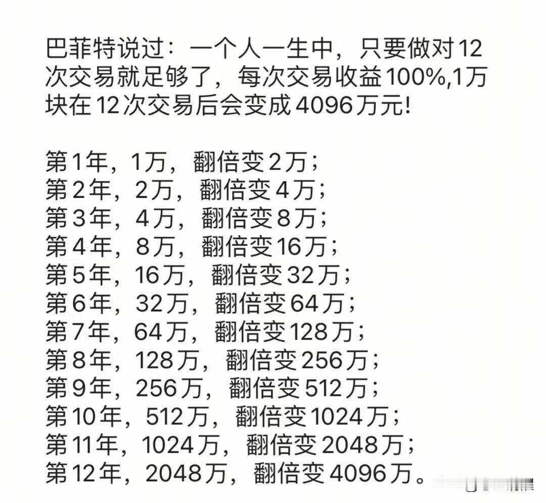 “每年翻1倍，1万12年就超过4000万了；芒格和巴菲特一起做投资，身价差了50