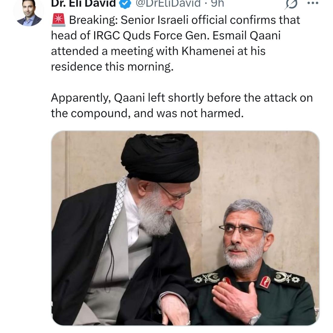 伊朗“圣城”旅指挥官伊斯梅尔·卡亚尼至今幸免于所有暗杀企图，甚至昨天还与哈梅内伊