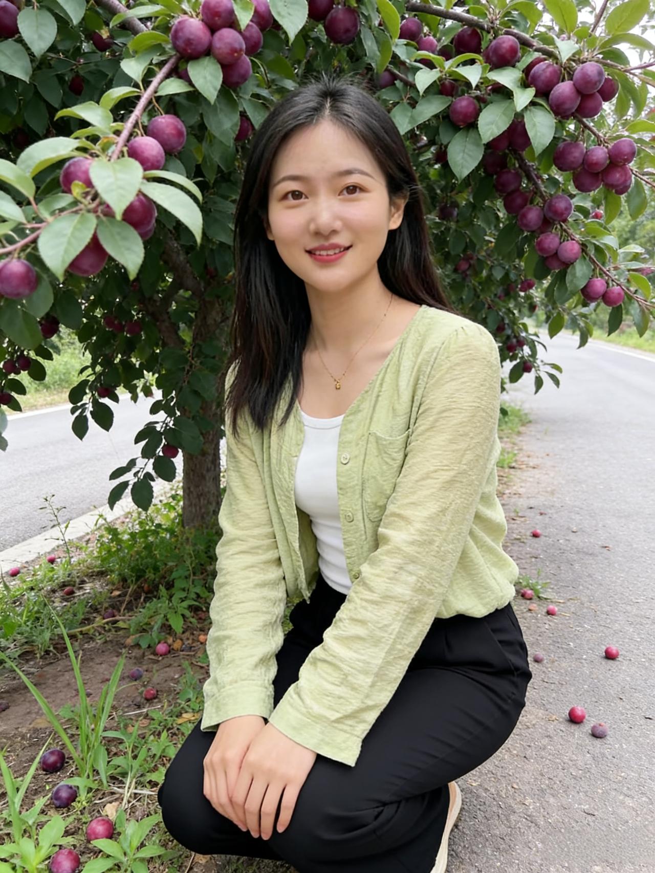 丽质天生万人迷，红李无言下成蹊。笑靥轻扬风拂袂，眸光流转露沾衣。芳姿映果霞千