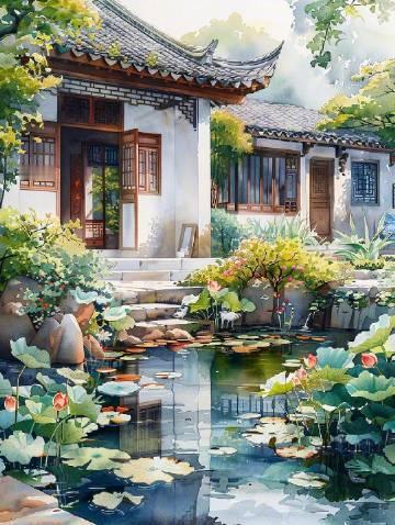 古建与院子的水彩画