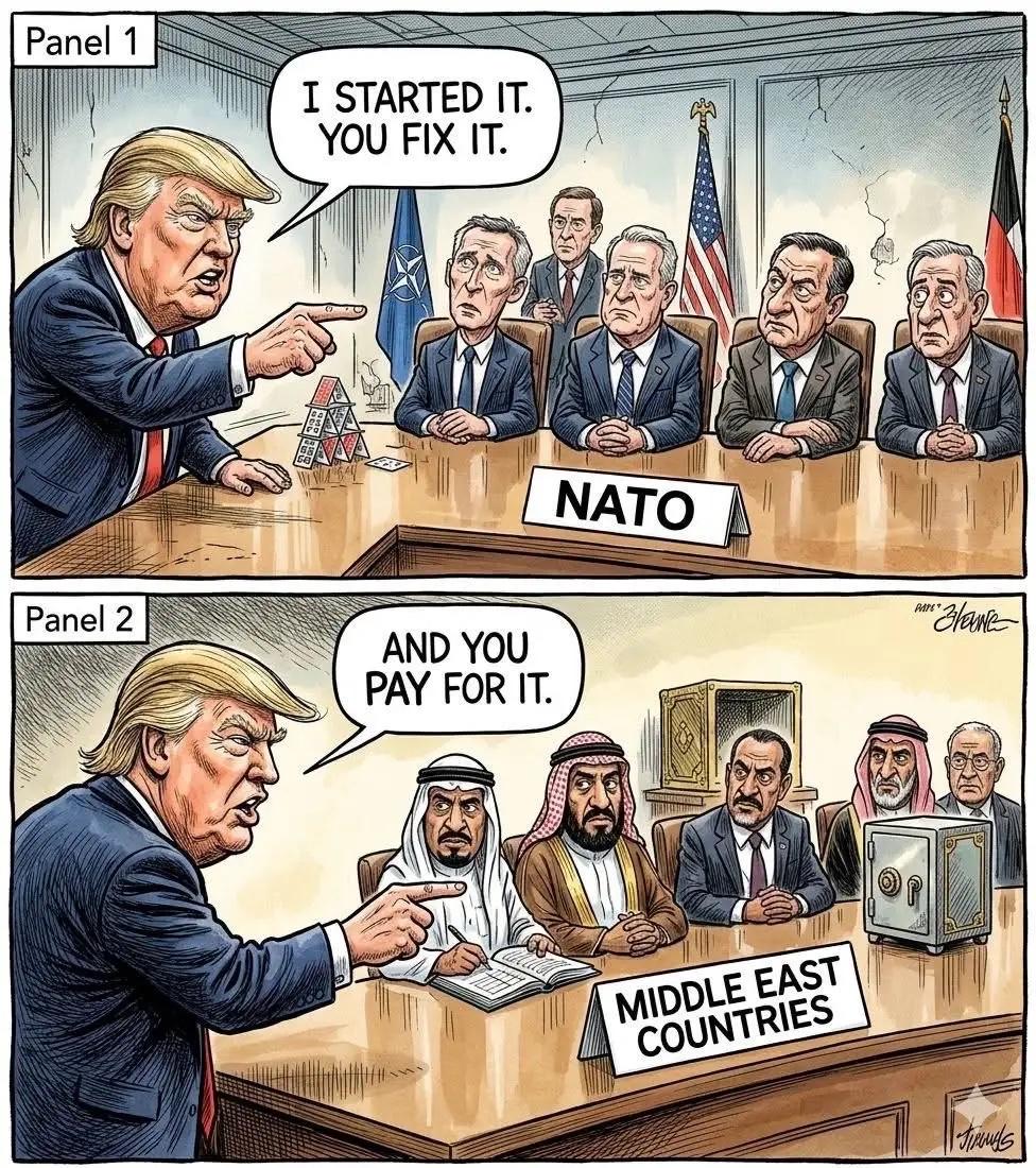 西方网友形象讽刺美国的漫画！对北约及欧洲盟友说：“我替你们教训坏人，你们负责掏