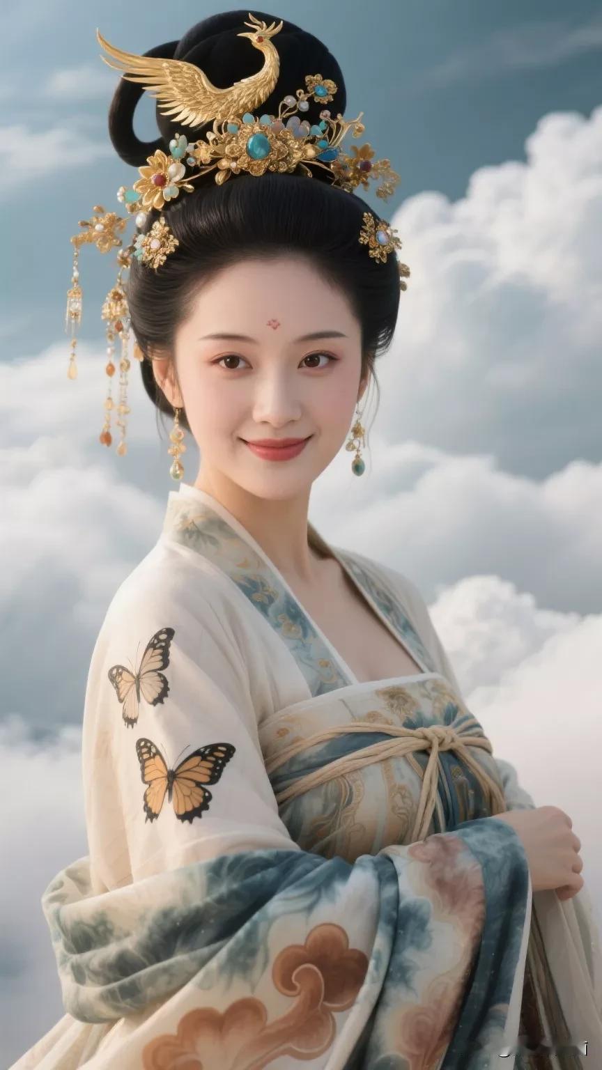 古风美人，云间仙子，蝴蝶翩翩起舞。张立启原创书画AI作品古仕女发髻集锦第504期