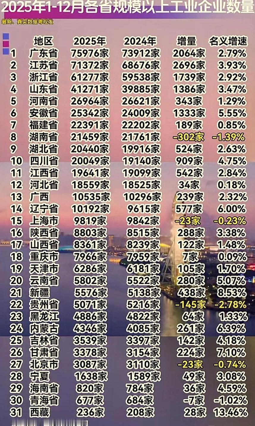 31省市2025年1-12月规模以上工业企业数量出炉：浙江领先山东，安徽第6、江