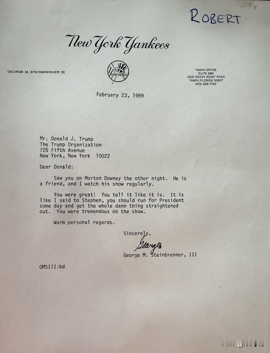 这封信是纽约洋基队老板乔治·斯坦布伦纳三世（GeorgeM.Steinbre