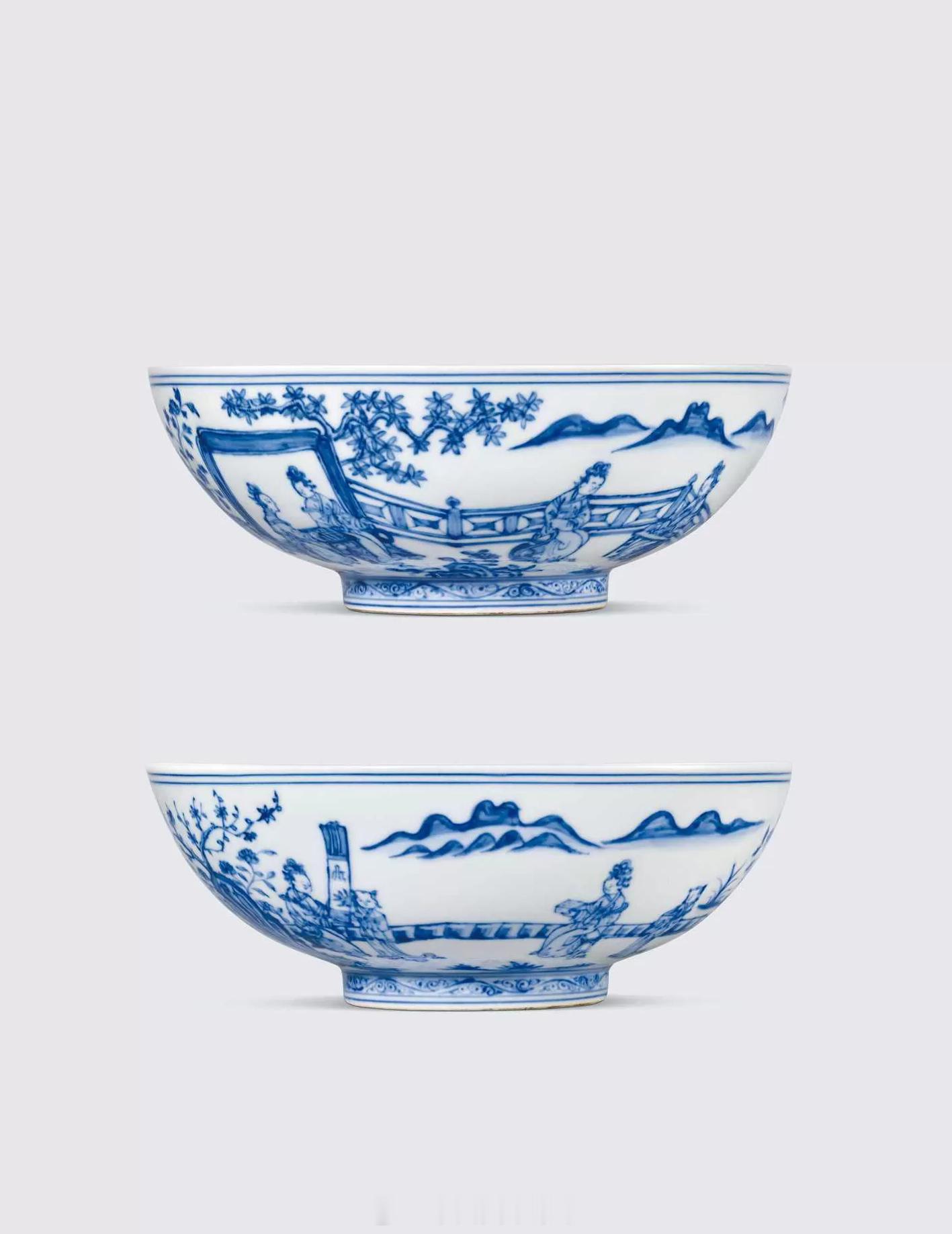 悦色集|明成化青花庭院仕女四艺图大碗本品敞口，弧腹，圈足。胎体轻薄细腻，釉